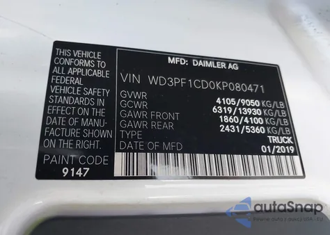 2019 Mercedes-Benz Sprinter 2500 High Roof V6 from USA, damaged, VIN WD3PF1CD0KP080471